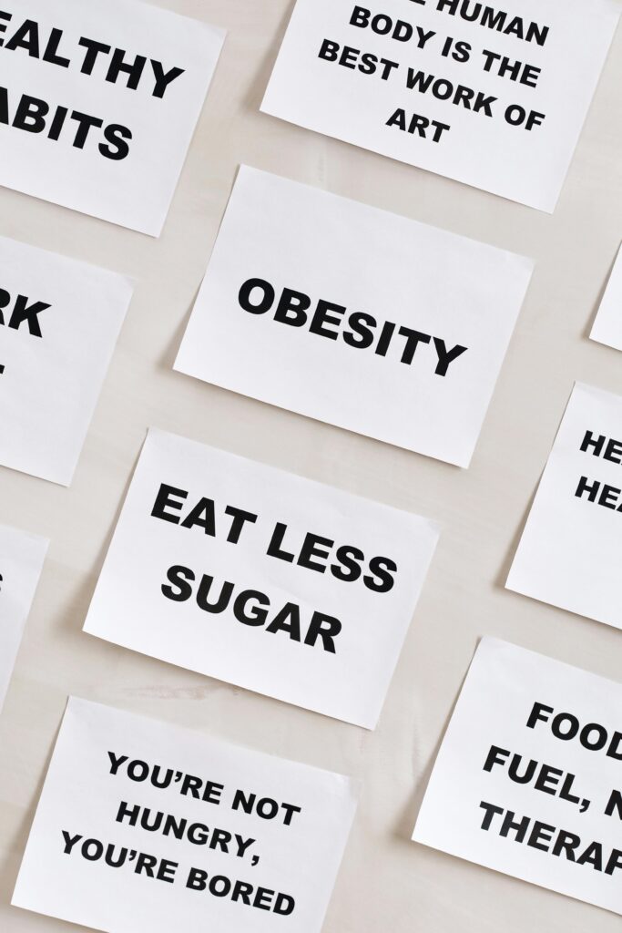 Healthy lifestyle message highlighting obesity and eating less sugar.