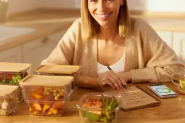 Woman planning healthy weekly meals at a wooden table with meal prep containers, green tea, notebook, and fitness tracker.