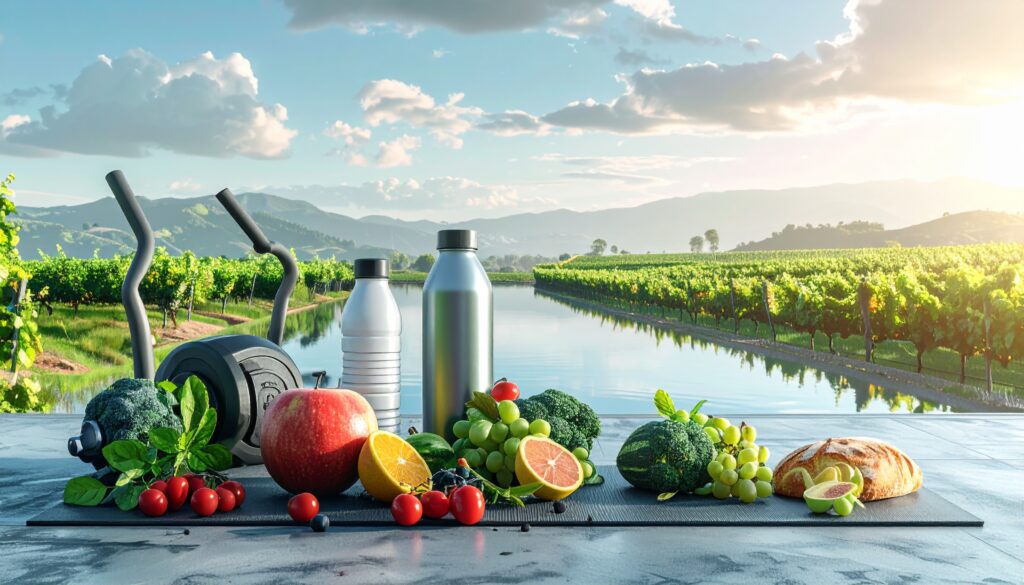 Fitness and wellness concept featuring gym equipment and healthy food for a balanced lifestyle