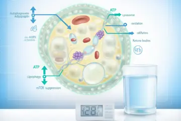 Medical illustration showing water fasting effect on fat cells and metabolism with a glass of water in a clinical setting