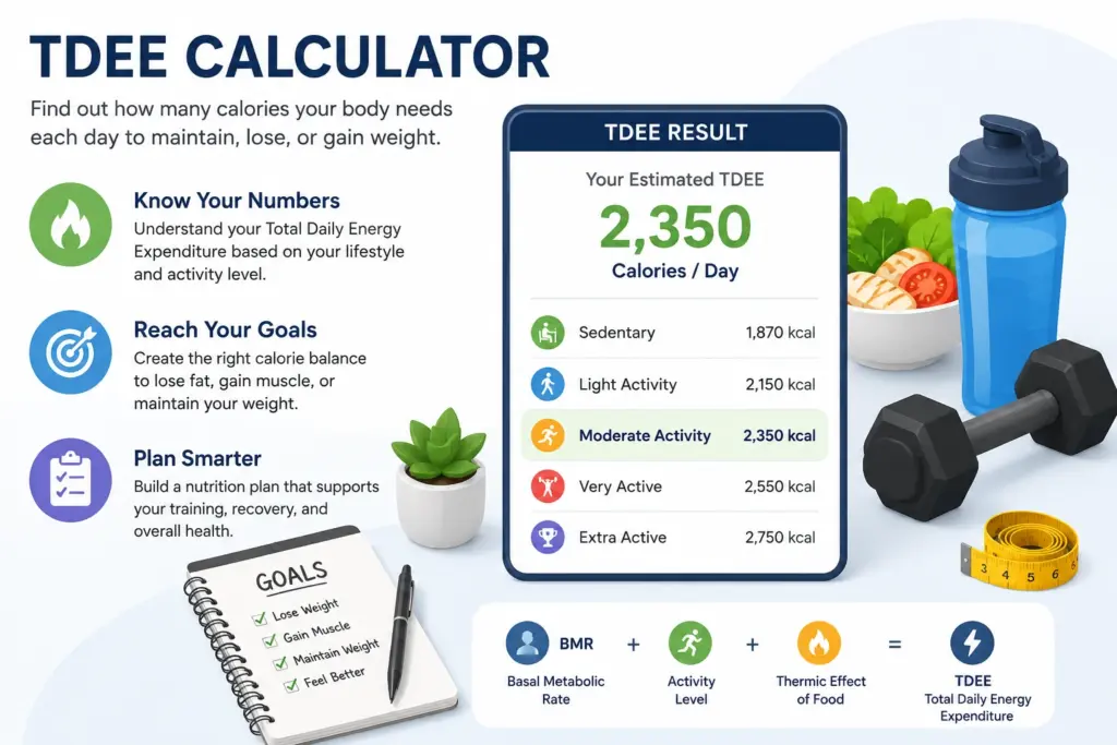 TDEE calculator chart displaying total daily energy expenditure based on body stats and activity level for calorie planning