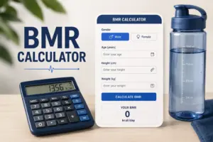 bmr calculator with calorie estimation chart and water bottle for healthy lifestyle