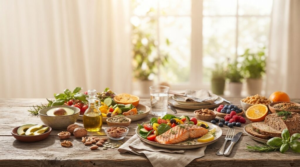 Mediterranean diet for hair growth with salmon, vegetables, nuts, berries, and olive oil