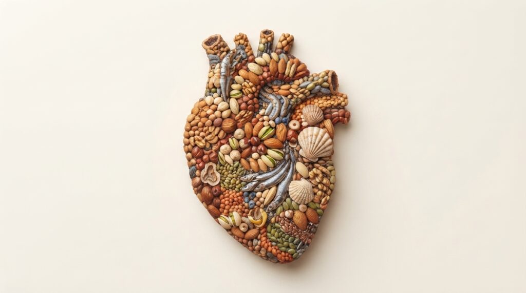 Mediterranean diet for diabetes and heart health with a food-shaped heart and glucose meter