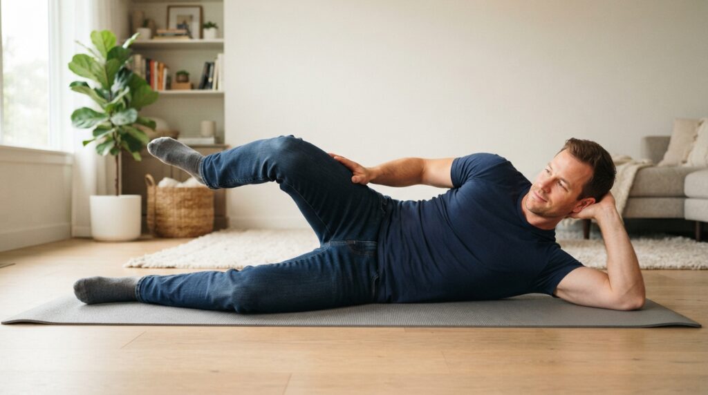 Man performing clamshell exercise to strengthen hip muscles for better walking stability