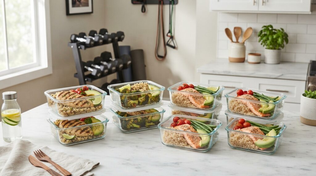A single high-protein chicken and broccoli meal prep container on an attractive dark quartz counter, showing how to lose fat without losing muscle.