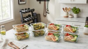 A single high-protein chicken and broccoli meal prep container on an attractive dark quartz counter, showing how to lose fat without losing muscle.