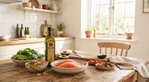 A collection of whole foods highlighting the mediterranean diet for hair growth.