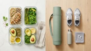 A bright, split-screen style visual showcasing healthy meal prep ingredients on one side and a home workout setup with a yoga mat and sneakers on the other side.