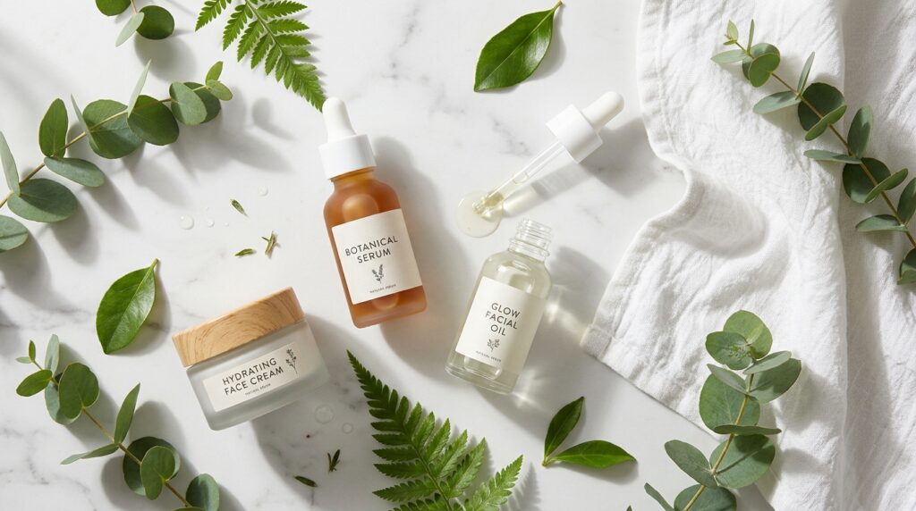 A collection of natural skincare products and green leaves demonstrating holistic healthy skin tips for a clear complexion.