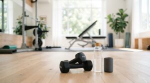 A set of dumbbells and a water bottle in a gym, illustrating the debate of high reps vs heavy weights for fat loss.