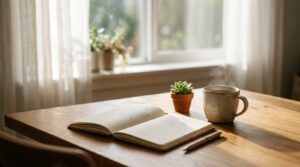 A calm, sunlit wooden desk featuring a personal journal, a warm mug of tea, and a small succulent plant, representing daily habits that support mental well-being.